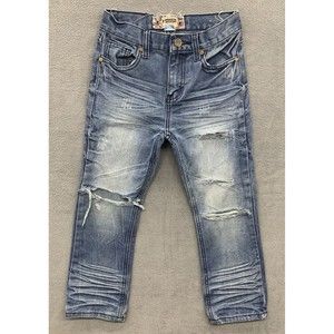 Monarchy Jeans Boys Youth Size 7 Blue Embroidered Design Pockets Whiskering Fade